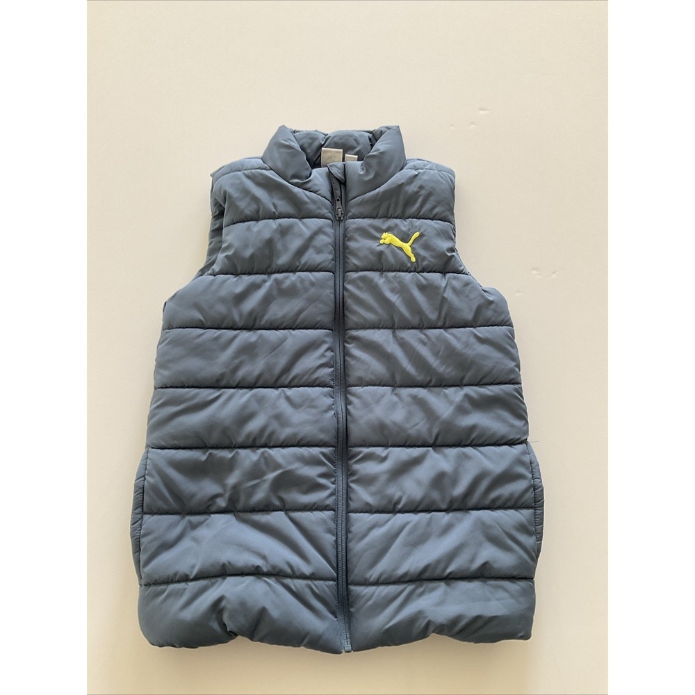 Puma Boys Puffer Vest Dark Grey Yellow Logo Full Zip Quilted Jacket Size M 10/12